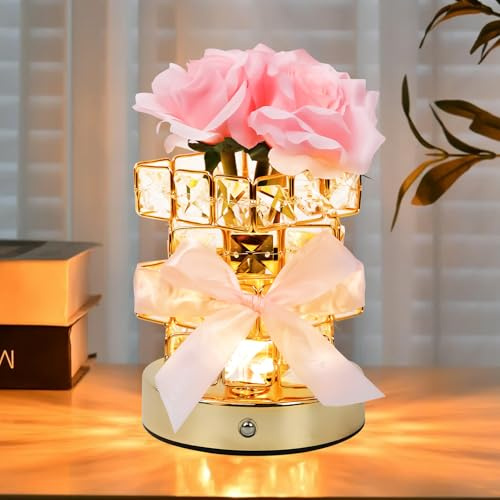 mumisuto Lampada da Notte in Cristallo Rosa, Lampada da Tavolo in Cristallo Rosa a 3 Colori, Lampade da Comodino per Soggiorno con Controllo Touch, Regalo per Nonne, Mamma e Donne
