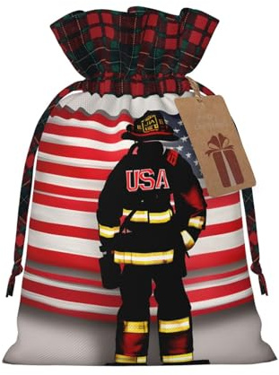 Geschenktüte mit rotem Streifen, Feuerwehrmann, USA-Flagge, Weihnachts-Kordelzug, Geschenkbeutel für Weihnachten, festliche Geschenkverpackungen