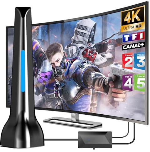 Antenne TV Intérieure Puissante TNT HD, 2025 Le Plus récent Antenne TV Intérieur avec Amplificateur de Signal à Gain Élevé, Réception Longue Portée à 360° avec Base Magnétique Solide - Bleu