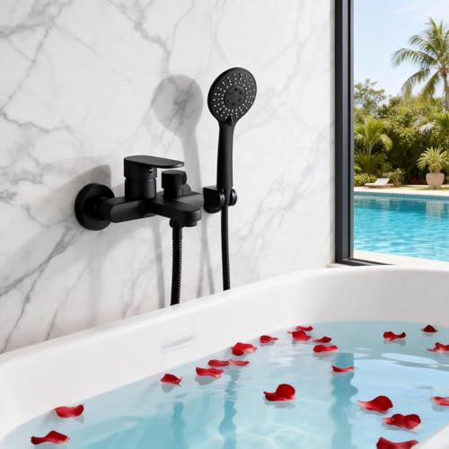 Rubinetto per vasca da bagno nero con doccetta a mano, rubinetti per vasca da bagno con doccia, 3 funzioni, tubo da 1,5 m, distanza foro regolabile 5 – 6,6 cm, ugello anti-appannamento, set di