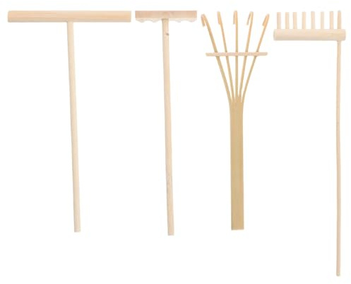 JECOMPRIS Ensemble 4 Mini Râteaux Jardin Zen en Bois pour Bac à Sable, Outils de Décoration Sable Zen pour Maison Bureau, Kit Compact 4 Styles Râteaux