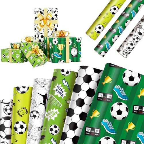 Fußball Geschenkpapier 12 Blatt Geschenkpapier Fussball Packpapier | 68cm x 51cm Geschenkpapier Fussball Geburtstag, Fußball Geburtstag Deko(6 Designs)