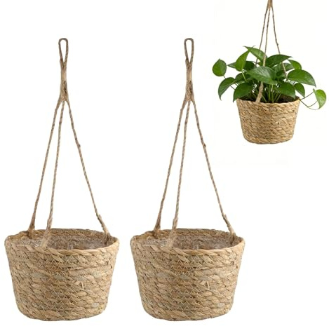CAAGGMM Cesto per piante sospeso, 2 pezzi, 20 cm, per piante, da appendere, intrecciati a mano, con fodera, per interni ed esterni (marrone)