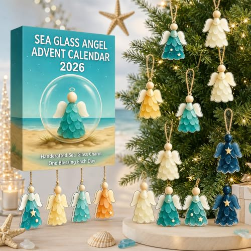 Calendario de Adviento de Navidad de ángeles de cristal de mar 2026, 24 días hechos a mano, calendario de cuenta regresiva de Navidad, colgante único de muñeca de ángel de cristal marino para árbol de