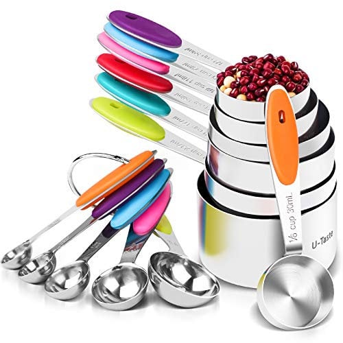 Tazas y Cucharas Medidoras Juego: U-Taste Tazas y Cucharas Medidoras de Acero Inoxidable 18/8, 12 Piezas para Reposteria Hornear y Cocinar en la Cocina, Mango de Grosor Mejorado (Color)