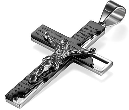 Flongo Kreuz Kette Herren Jesus: schwarz Kruzifix kreuzkette königskette mit eisernes kreuz Anhänger Halskette Edelstahl Bibel Gebet Cross Necklace Pendant eisernes kreuz für Auto Männer Damen Jungen