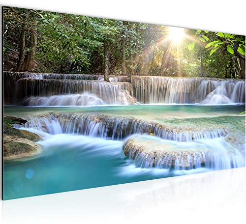 Runa Art Wandbild Wasserfall Landschaft 1 Teilig 100 x 40 cm Modern Bild auf Vlies Leinwand Natur Schlafzimmer Wohnzimmer Grün Blau 612112a