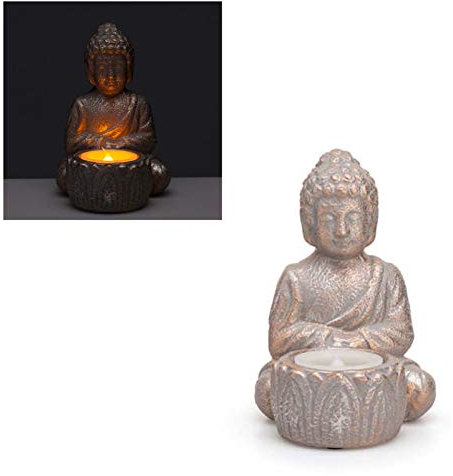 Keramik Buddha mit Integrierter Echtwachs- LED Kerze, 6h Timer, Antikfinish, 16 cm