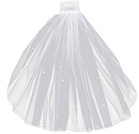 FRCOLOR Hochzeitsschleier mit Kamm Kurzer Tüll Brautschleier Perlenschleier Hochzeit mit Haarkamm für Braut Blumenmädchen Party Fotografie (Weiß)