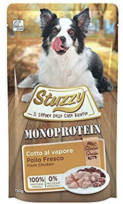 Stuzzy, Monoprotein Grain & Gluten Free, Nassfutter für Erwachsene Hunde, Geschmack frisches Huhn, auf Pastete - insgesamt 1,8 kg (12 Beutel x 150 g)