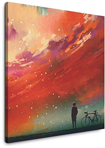 EAUZONE GmbH Mann mit Fahrrad vor roten Wolken 60x60cm Wandbild auf Leinwand, Kunstdruck Moderne Bilder
