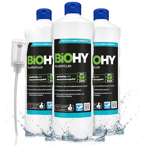 BiOHY Rinse Aid (3 x 1l Bottle) + Dispenser | Ecological high Concentrate | Suitable for All (Commercial) dishwashers, for Unbeatable Shine on Glasses | BIO-logically degradable (Klarspüler)