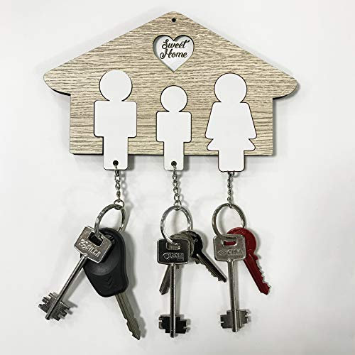 Fitwish Portachiavi in Legno Coppia a forma di Casa - Idea Regalo perfetto per Lui e Lei - Idea Regalo Natale e San Valentino - Ideale per decorare la vostra Casa (3 Posti Legno-Bianco)