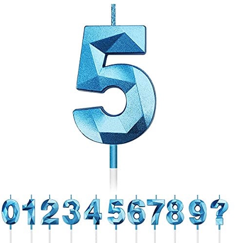 Geburtstag Nummer Kerzen, 3D Diamant Form Kuchen Kerzen Zahl 0 1 2 3 4 5 6 7 8 9 Glitzer Kuchen Topper Dekoration für Hochzeit Geburtstag Jubiläum Feier Abschluss (Blau, 5)