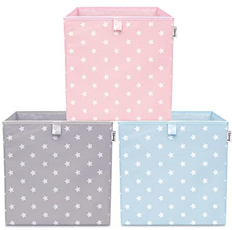 LIFENEY Aufbewahrungsbox 3er Set Sternenmotiv in Grau, Rot & Blau I Spielzeugbox mit Sternen passend für Würfelregale I Aufbewahrungskorb als Accessoire für dein Zuhause | 33x33x33 cm