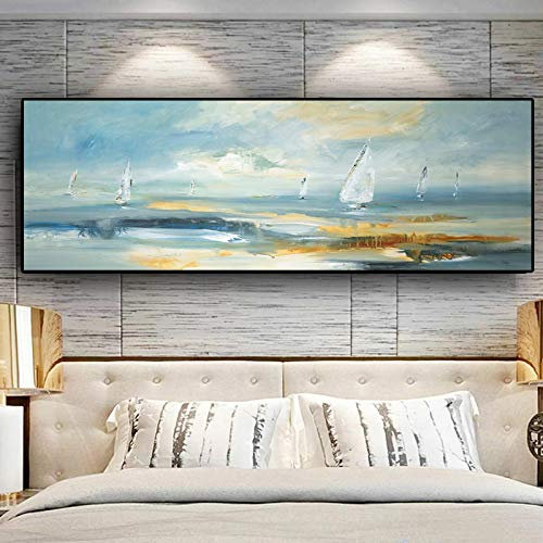 HUUDNHYK Tableaux Bateau à voile blanc sur la mer-panoramique Tableaux-nature paysage sur toile-Impression sur toile haute résolution 150x50cm(60x20in) Sans cadre
