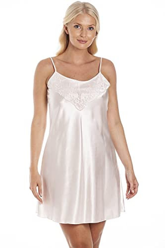 Camille Womens Satin Sleeveless Short Chemise - Ladies Lightweight Luxury Plain lace Nightdress - Breathable & Comfortable Summer Nightwear Peach 14-16