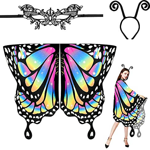 EMAGEREN Damen Schmetterling Kostüm Schmetterlingsflügel Faschingkostüme Schmetterling Kostüm Schal Poncho mit Damen Spitze Maske, Bug Stirnband für Party Weihnachten Kostüm Cosplay