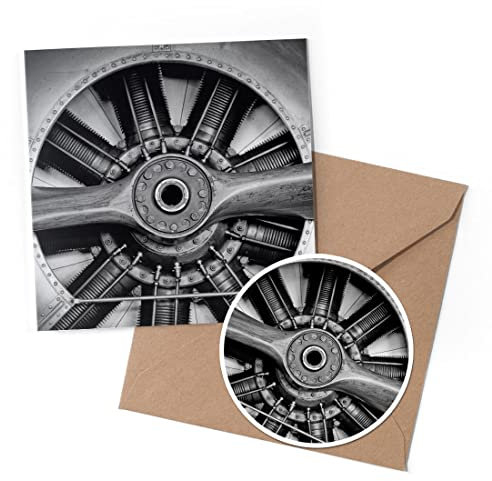1 x Greeting Card & 10 cm Round Sticker Set - BW - Vintage Airplane Propeller Engine Plane - Birthday Thank You Friend Lover Fan Mum Dad Kids #43712