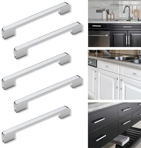 Boxonly 5 Pcs Door Handles, Bright Chrome American Style Zinc Alloy Drawer Cupboard Wardrobe Door Handle, Kitchen Hardware Cabinet Pulls (Hole Centers:160mm)