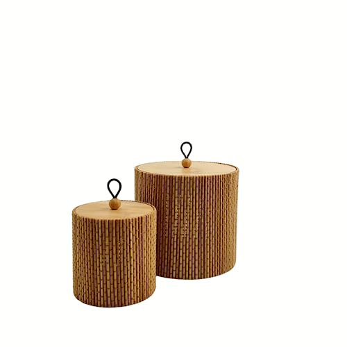 Gekkoli Lot de 2 boîtes de rangement avec couvercle en bambou, rondes/rectangulaires, petites, marron (rond (diamètre 8 x H 8,2 / Φ12 x 11,2 cm)