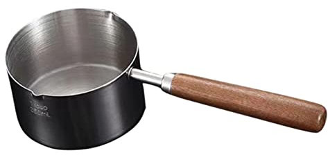 Housoutil Mini Oil Pouring Pot, 125 Ml Non Stick Sauce Pan with Pour Spout, Small Stainless Steel Pan with Wooden Handle for Heating Oil and Sauces at Home