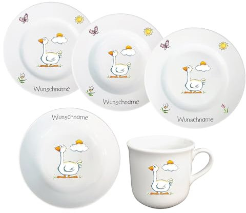 Kindergeschirr Kinderservice 5-tlg. Kinder Service Set aus Porzellan Teller Becher Schale personalisierbar mit Wunschname Name Kindergeschirr mit Namen personalisiert (Gans)