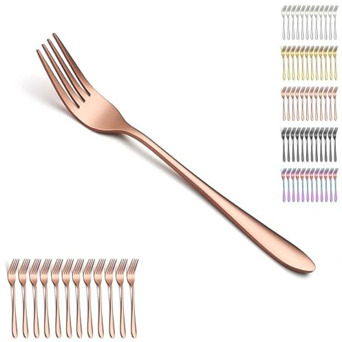 Berglander fourchettes de table en or rose 12pcs de 20,5 cm, ensemble de fourchettes à dîner en acier inoxydable plaqué titane pour la maison, le restaurant, les repas quotidiens