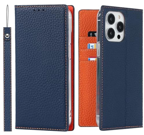 ELTEKER Custodia per iPhone 14 Pro, in vera pelle, con scomparto per carte di credito, in pelle, per iPhone 14 Pro, blu