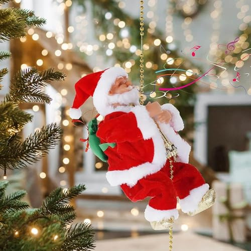 Père Noël Electrique Grimpant sur Corde Décor Suspendu Père Noël Grimpeur avec la Musique pour Décoration Maison