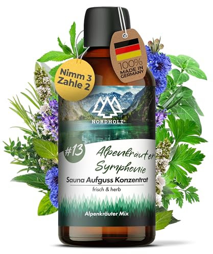 NORDHOLZ® Saunaaufguss [54 Sorten 15ml, 100ml, 250ml] - Sauna Aufgussmittel für intensive & erholsame - Sauna Zubehör (#13 Alpenkräuter Symphonie, 100ml)
