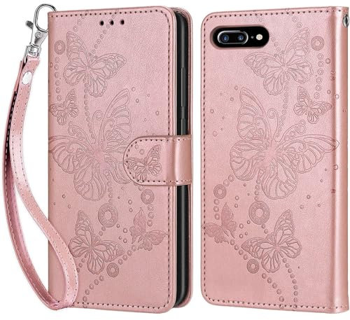 KENHONER Coque pour iPhone 7 Plus/iPhone 8 Plus, Housse Etui Portefeuille Cuir Multifonction, Fermeture Magnétique à Clapet Anti-Choc Compatible avec Coque iPhone 7 Plus Book - Or Rose