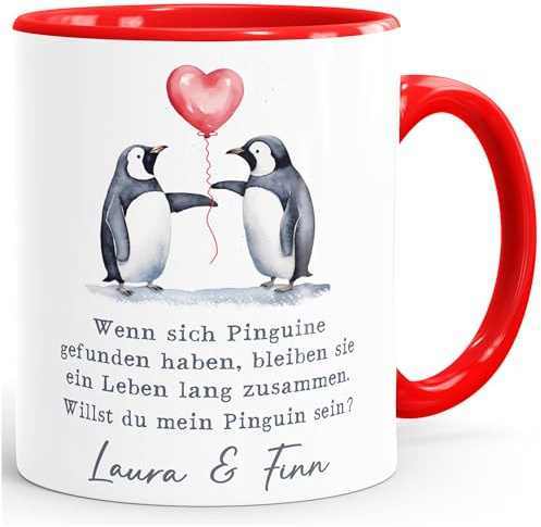 SpecialMe® Tasse Liebe Liebeserklärung Heiratsantrag Pinguin Paar Spruch personalisiert Namen Ein Leben lang Weiss-innen-rot standard