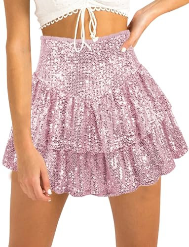 FEOYA Damen Pailletten Rock Ruffle Glänzend Minirock A-Linie Glitter Plissee Röcke Festlich Karneval Outfits Hersteller M/DE Größe 40-42-Rosa