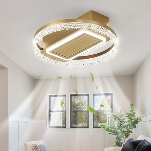 Ceiling Fans with Lights and Remote Silent Modern Bladeless Ceiling Light with Fan 6 Speed Dimmable LED Light Fan Ceiling Round Smart 50cm Indoor for Bedroom, Living Room, Kitchen, Lounge-Gold