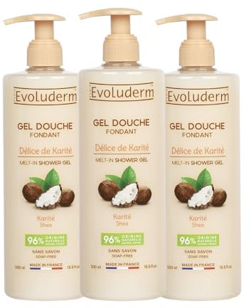 EVOLUDERM - Gel Douche Fondant Délice de Karité - 500 ml - 96% d'Origine Naturelle - Végan - Fabrication Française - Lot de 3 x 500 ml