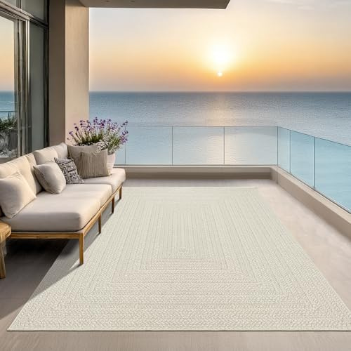 the carpet Kansas Outdoor Teppich – Wetterfester Indoor & Outdoor Teppich im Jute-Look für Balkon, Terrasse, Garten, Wohnzimmer & Esszimmer, pflegeleicht und UV-beständig, Creme, ca. 240 x 340 cm