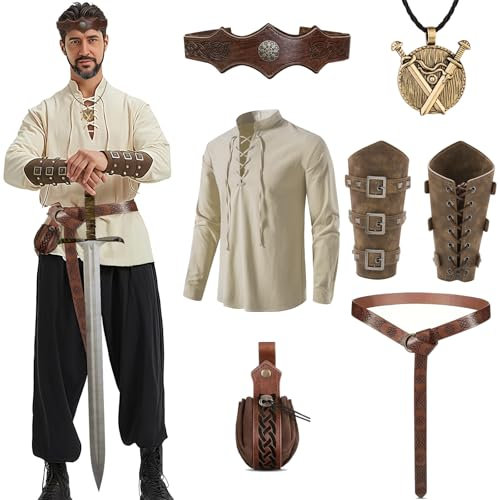 LIEOLGOH Mittelalter Hemd Viking Kostüm Herren Set, Renaissance Viktorian wikinger kostüm mit Herren Mittelalterliches Piratenhemd,Gürtel,Handgelenkschützer,Seitentasche,Kopfschmuck,Halsketten (M)