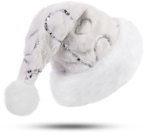 PUZAUKAL Weihnachtsmütze Pailletten Elf,Nikolausmütze Plüsche Erwachsene Unisex,Santa Mütze Extra Weich und Warme, Weihnachtsmann Mütze Für Neujahr Weihnachtsfeier,Herzmuster-Weiß