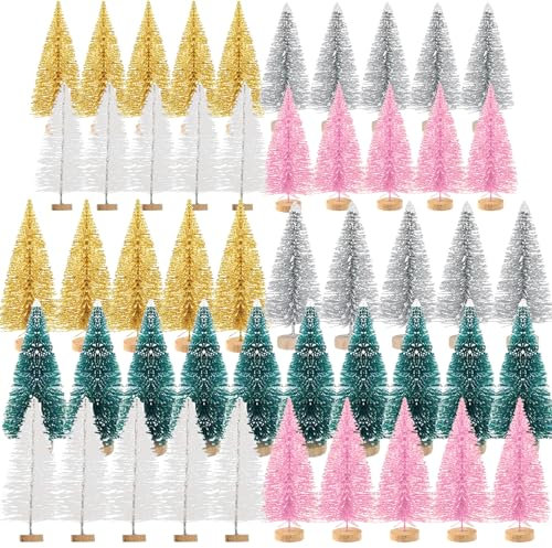 Lot de 50 Mini Sapins de Noël Artificiels - Petit Sapin Miniature Avec Effet Neige et Paillettes - Rose Doré, Blanc, Argent, Bleu - Décoration de Table - Bricolage