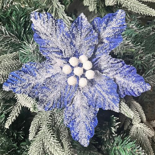 4 flores de Pascua de Navidad nevadas, tallo de flores de Navidad nevadas decoradas con nieve para árbol de Navidad, corona de Navidad, decoración de jarrón (azul)