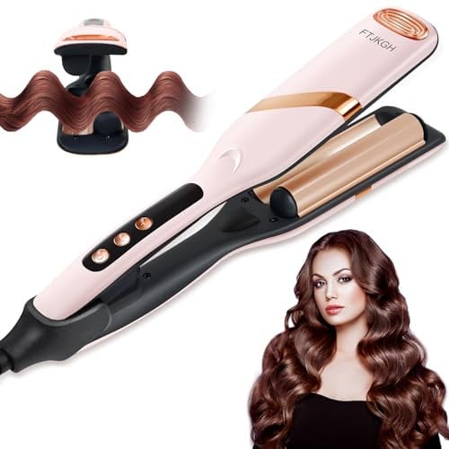 FTJKGH Welleneisen für Haare, Lockenstab Große Locken Geeignet für Anfänger 32mm Beach Waves Wellenstab 30s Schnelles Aufheizen mit 5 Temperaturen LED-Anzeige Anti-Verbrühung Doppel Lockenstab