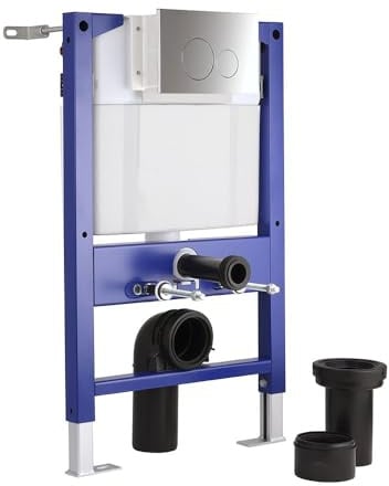 MILANO Wall Hung Toilet WC Frame Round Chrome Flush Plate 820 x 500mm | Steel Construction. Height & Depth Adjustable. Dual Flush Cistern. Suits Built In Or Plasterboard Installation.