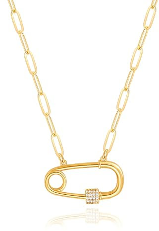 KOOUNUATA 18K Gold Safety Pin Pendant Necklace Paperclip Chain Choker Dainty CZ Pave Screw Lock Layering Jewelry for Women