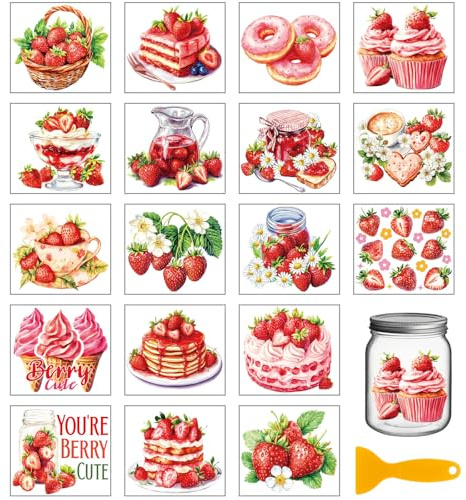 GLOBLELAND 18 hojas de calcomanías de fresa para transferir con frotación 9.9x9.1 cm, calcomanías de frutas coloridas, jarrón de pastel, decoraciones para el hogar, calcomanías de helado, donuts, taza