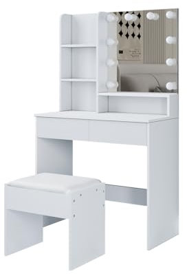 Dressing Table with Mirror and Stool,Vanity Table Desk with Lights,Makeup Table Desk with 2 Drawers and 4 Shelves,Modern Small Dressing Table with Storage for Bedroom (White)
