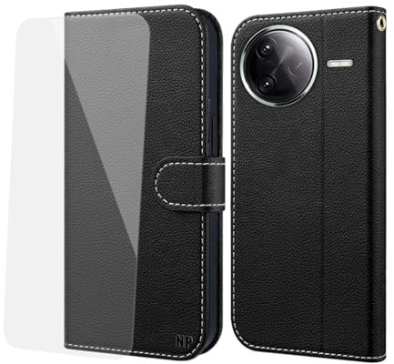 NP-Caser Handyhülle für Xiaomi Poco F7 Pro Hülle [mit Panzer Schutz Glas], Premium Lederhülle mit Kartenfächern [Klappbar Flip case] [Standfunktion] Handy Schutzhülle für Xiaomi Poco F7 Pro, Schwarz