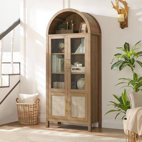 71 Tall Arched Display Cabinet, 5-Tier Bookshelf Modern Farmhouse Arched Bookcase with Glass Doors and Shelves, Wooden Pantry Storage Cabinet for Living Room, Office and Kitchen, Caramel Oak