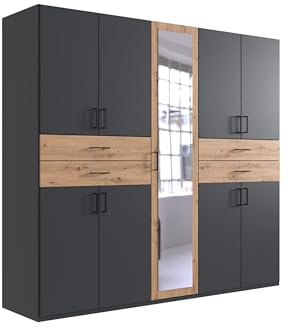 möbelando Drehtürenschrank >Taiga< 225 cm breit, Graphit + Artisan Eiche NB, mit 9 Türen, 1 Spiegel, 4 Schubladen, 4 Einlegeböden, 2 Kleiderstangen, modern, Made in Germany, zerlegt.