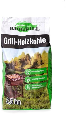 BIOGRILL Grill Holzkohle 2,5 kg aus Buche/Eiche/Esche – BBQ Kohle für Holzkohlegrill, Steakhouse – Premium Qualität, Hartholz Grillkohle für Perfektes Grill, Extra Lange Glut, Charcoal (2,5 kg)